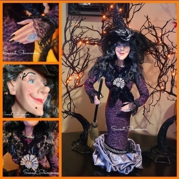 2ft Halloween Glam Witch Doll Figurine Leopard Print Dress Faux Fur Rhinestones